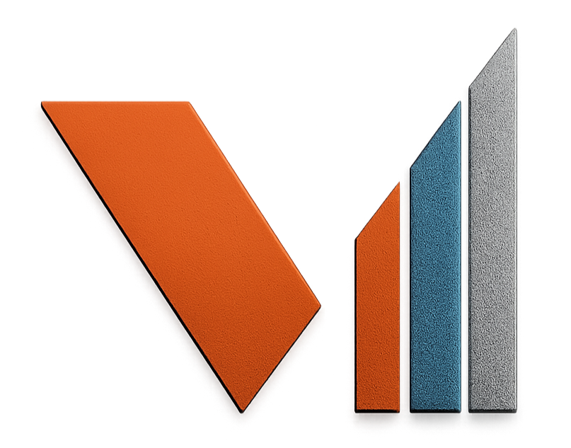 A logo depicting a diagonal bar and a series of vertical bars of increasing size combining to form a 'V'