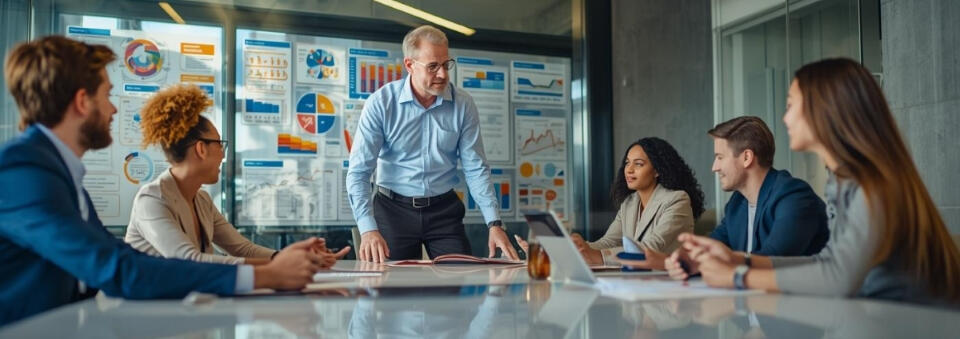 Marketer presenting to a team Marketer presenting to a team in front of a display of charts and data